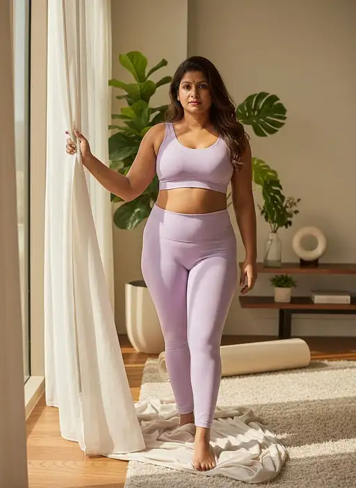 A stunning 21-year-old woman reveals her yoga outfit behind a silky curtain, glowing skin illuminated by soft sunlight.