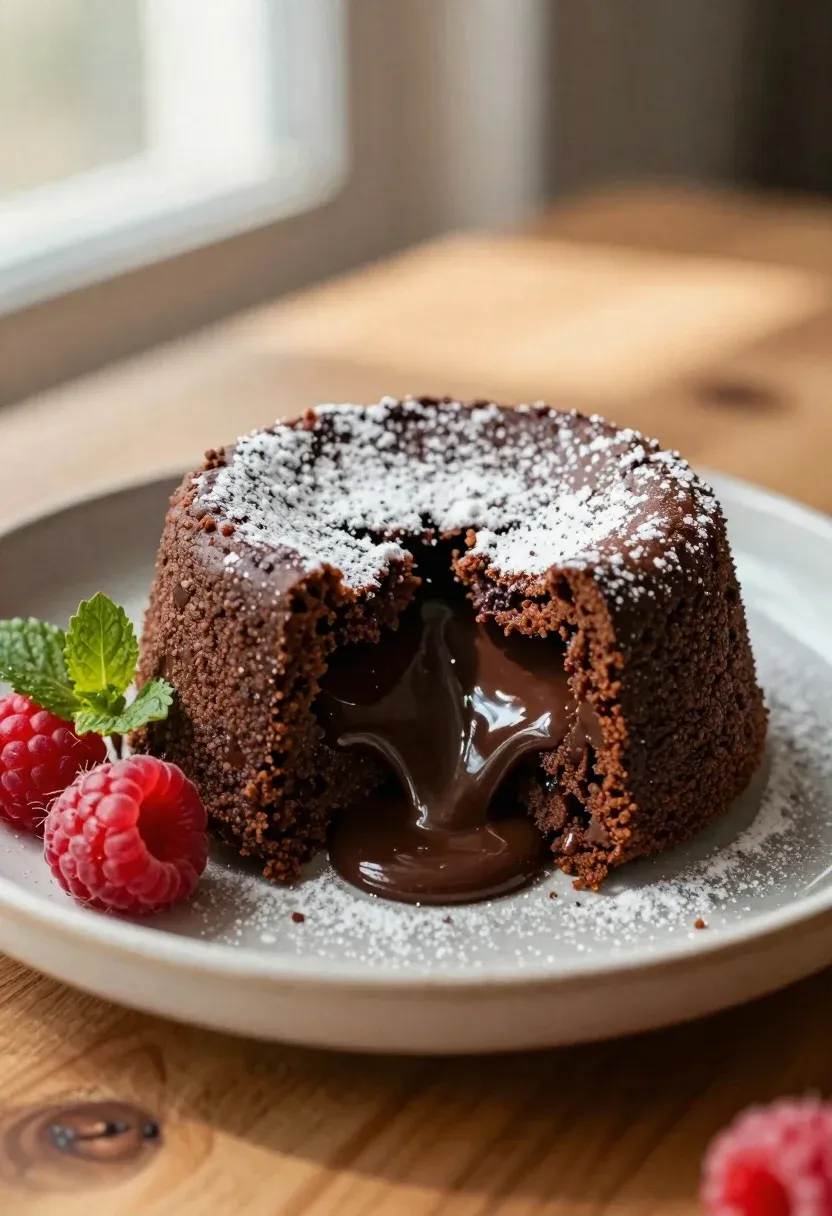 Rich Chocolate Lava Cake Sits Rustic Plate With Warm Light