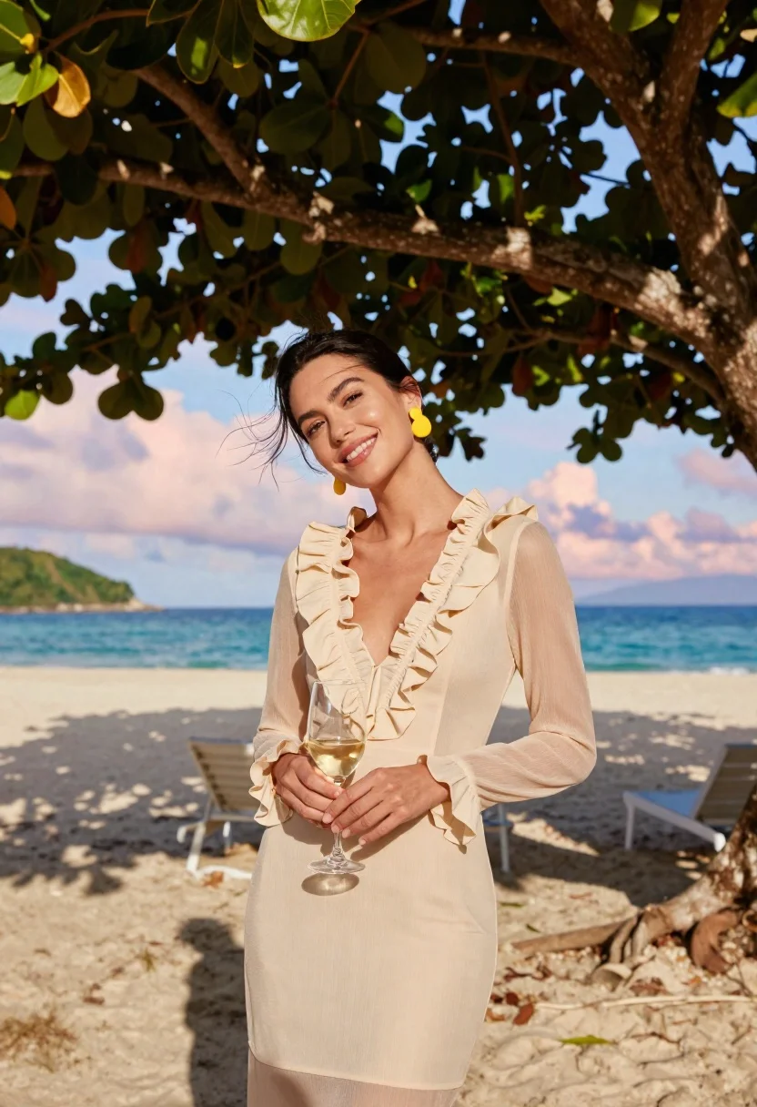 Woman Stands Sandy Beach Under The Shade Large Tree Holding reference photo