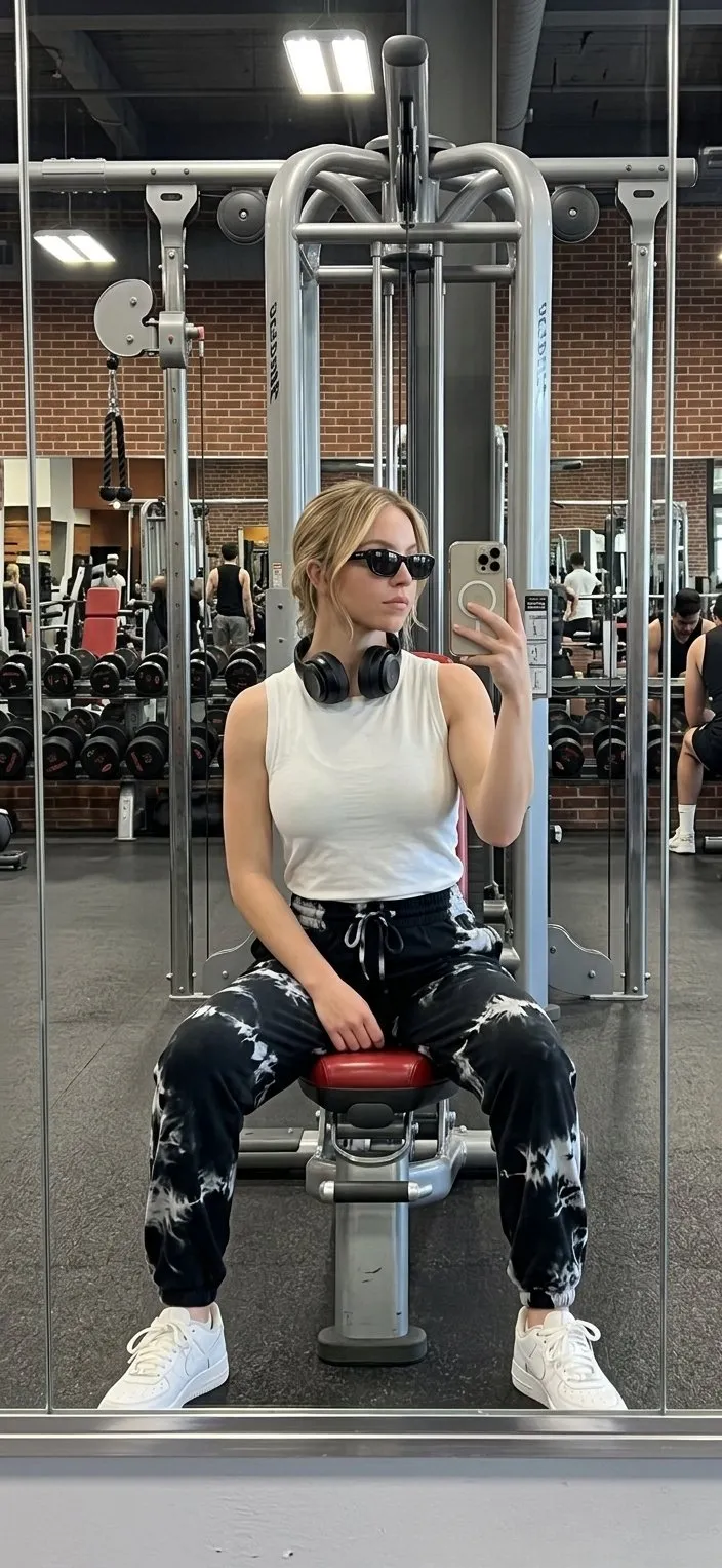 Gym Mirror Selfie White Tank Top Tie Dye