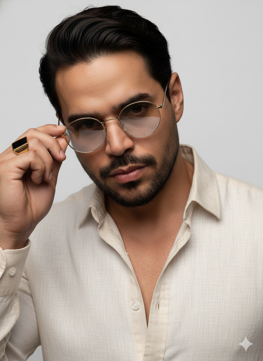 A close-up portrait of a person wearing a natural linen shirt and round sunglasses against a matte white background.