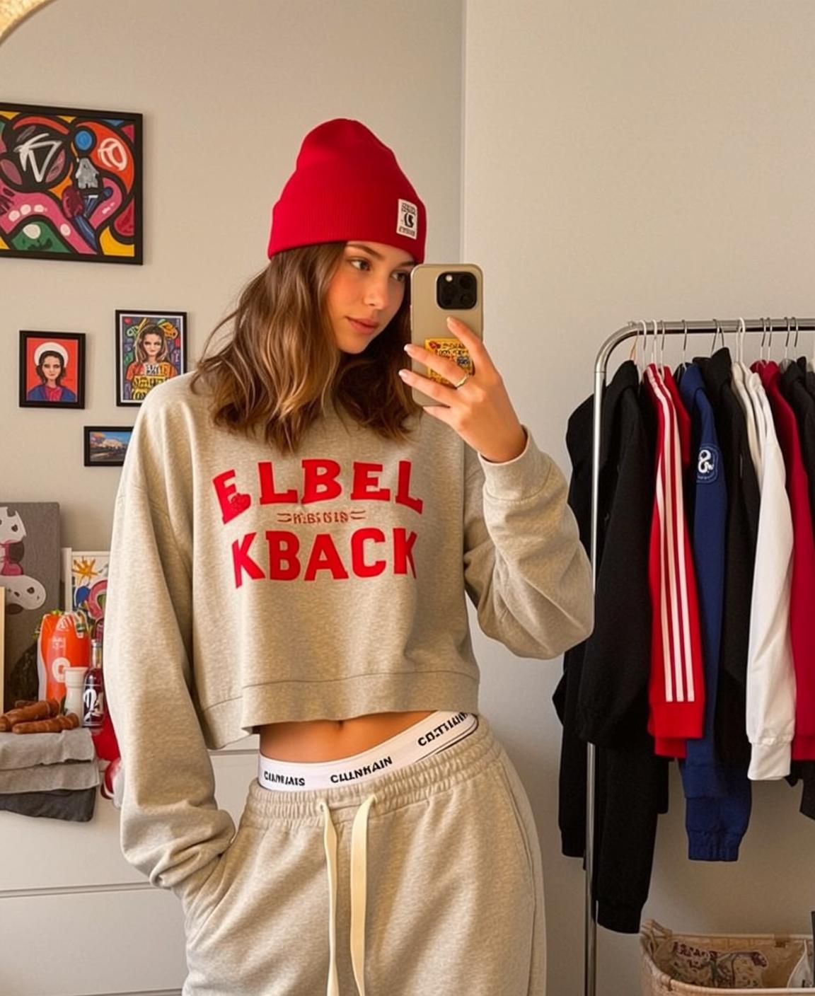 Red Text Sweatpants Selfie