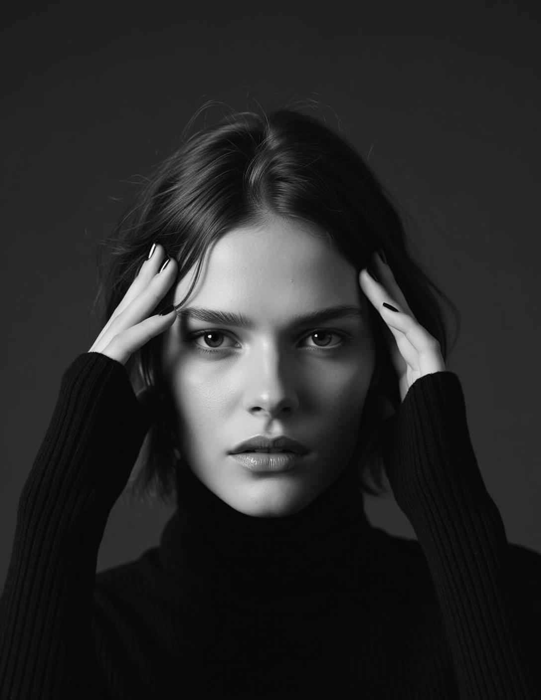 Photorealistic Black And White Headshot Portrait Young Woman With Contemplative