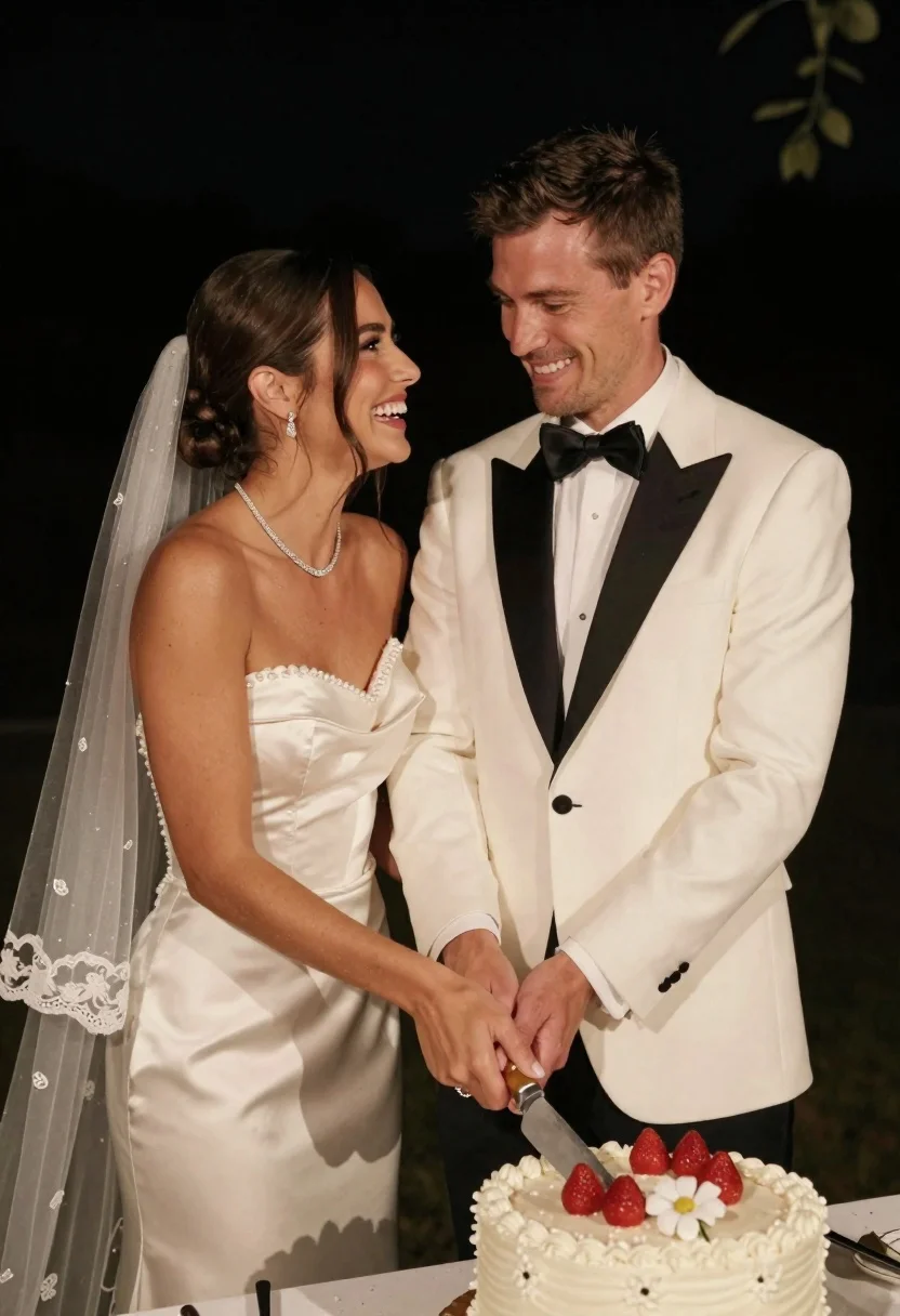 A joyful bride and groom cutting a wedding cake at night, bathed in soft warm light, highlighting their smiles and love.
