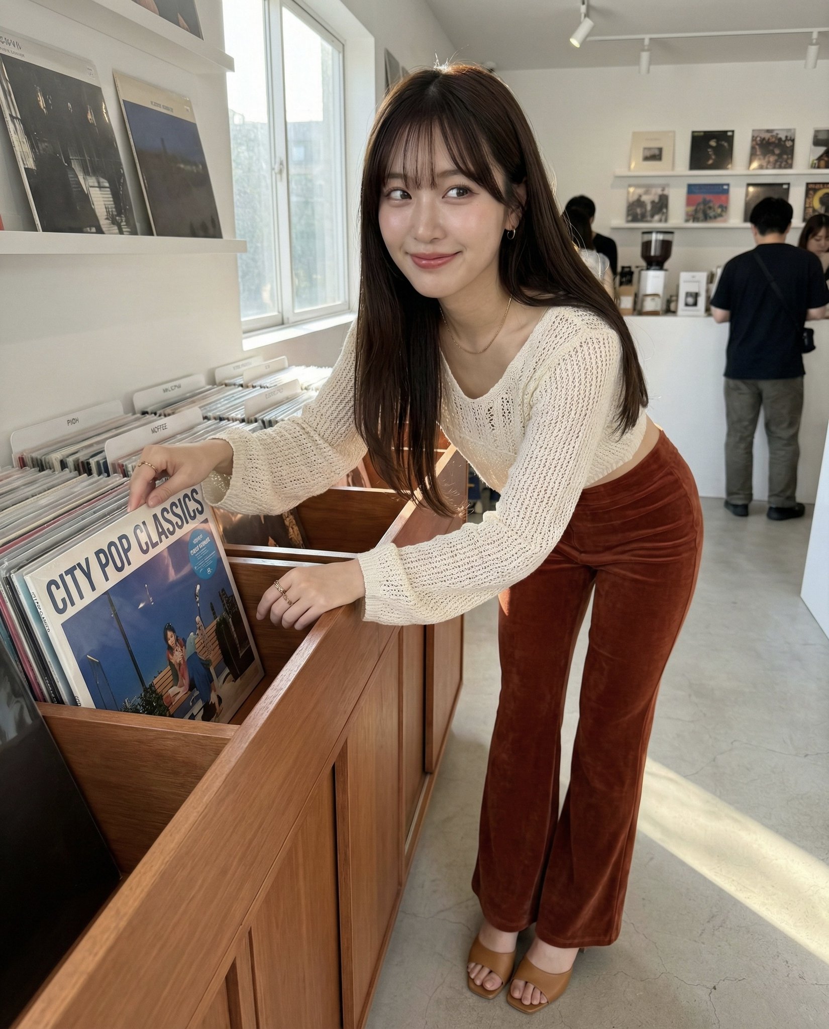 A young Japanese woman with big bright eyes and glossy lips, wearing a cream cropped boho knit top and rust high-waist flared pants, smiling playfully in a cozy vinyl record boutique.