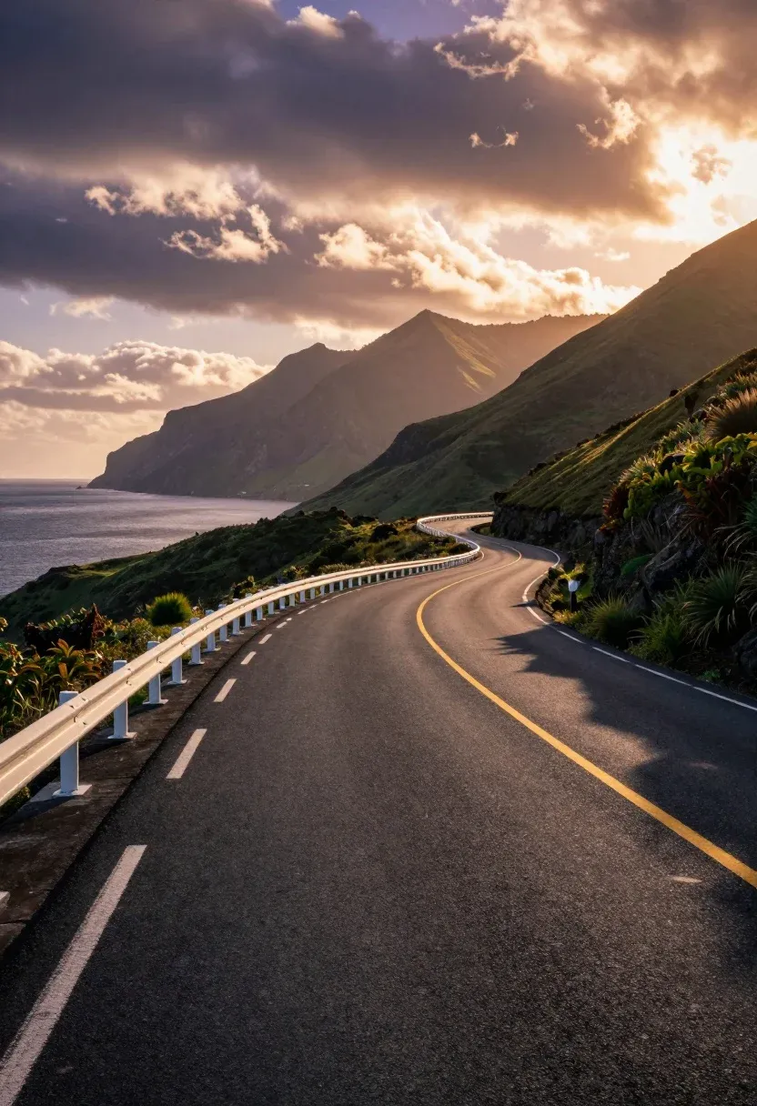 Winding Asphalt Road Curves Gently Through Rugged Coastal Landscape Under