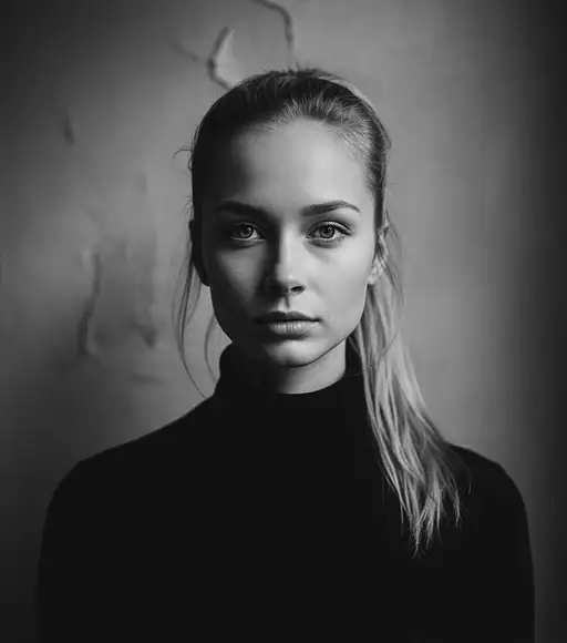 Headshot of a young blonde woman with a ponytail in a black turtleneck, gazing directly at the camera, captured in soft light.