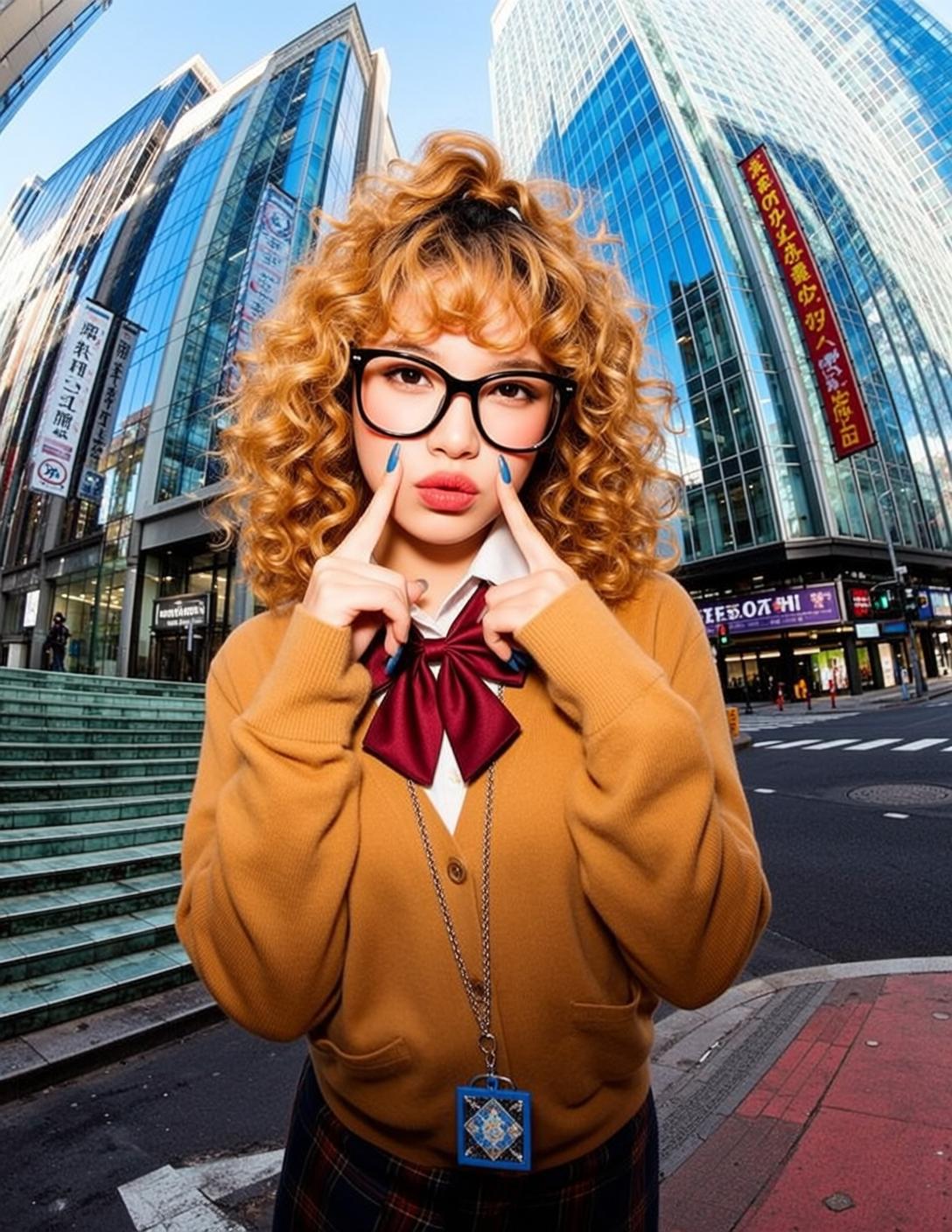 Pouting Girl Urban Street Plaid Skirt Bow Tie