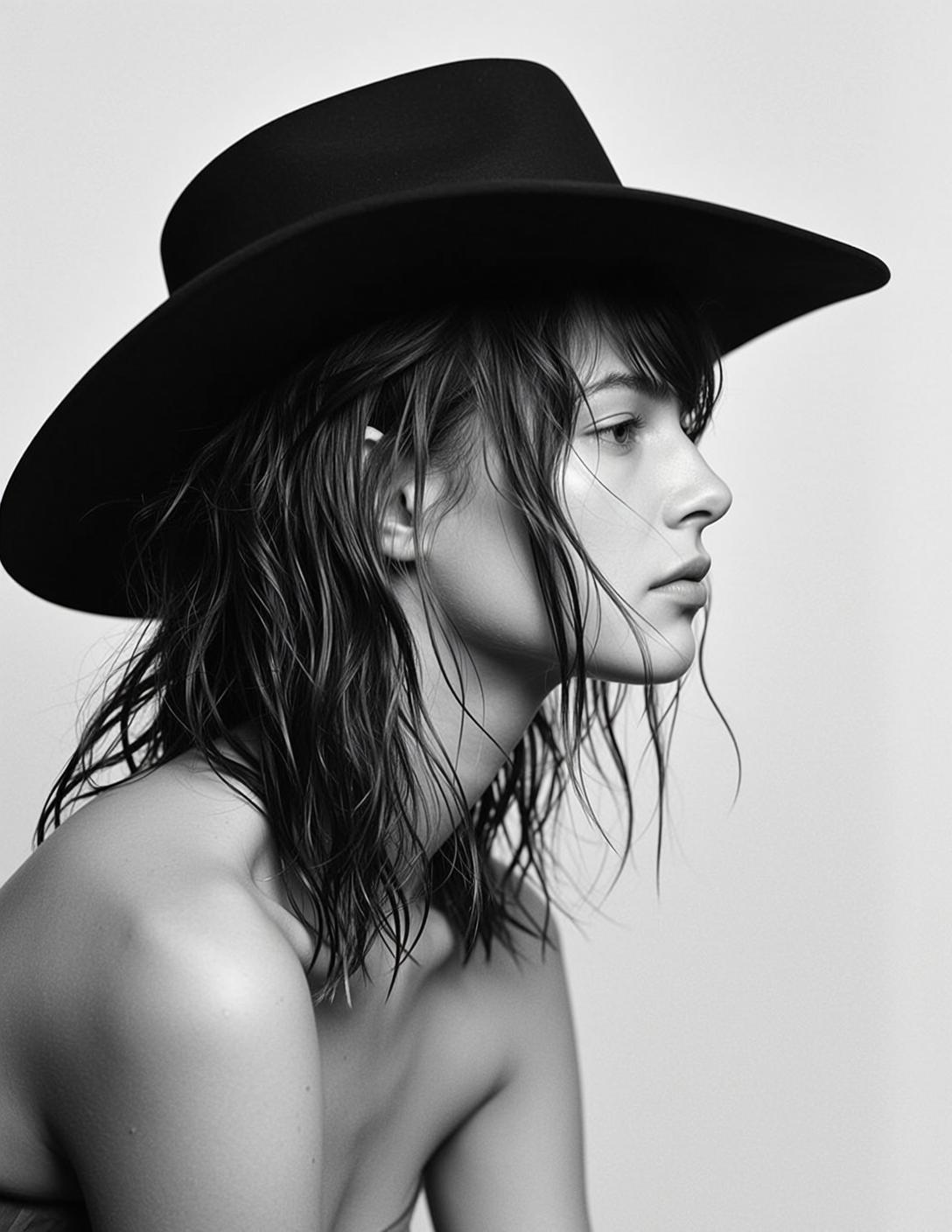 Black And White Medium Shot Portrait Young Woman With Wet
