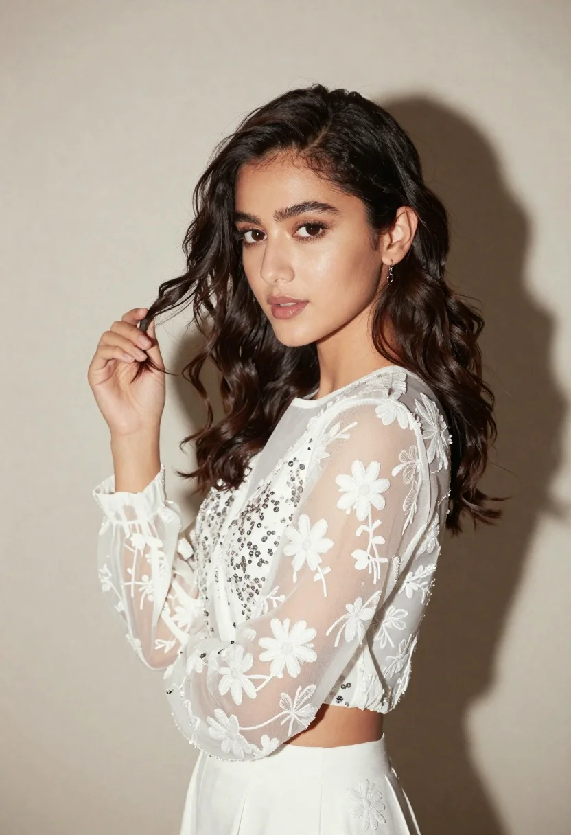 Woman With Dark Wavy Hair Styled Half-updo Poses Against Neutral reference photo