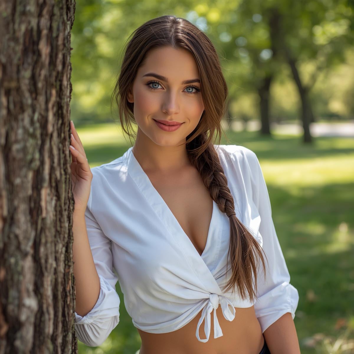 Sunlit Park Tree Trunk Portrait White Shirt
