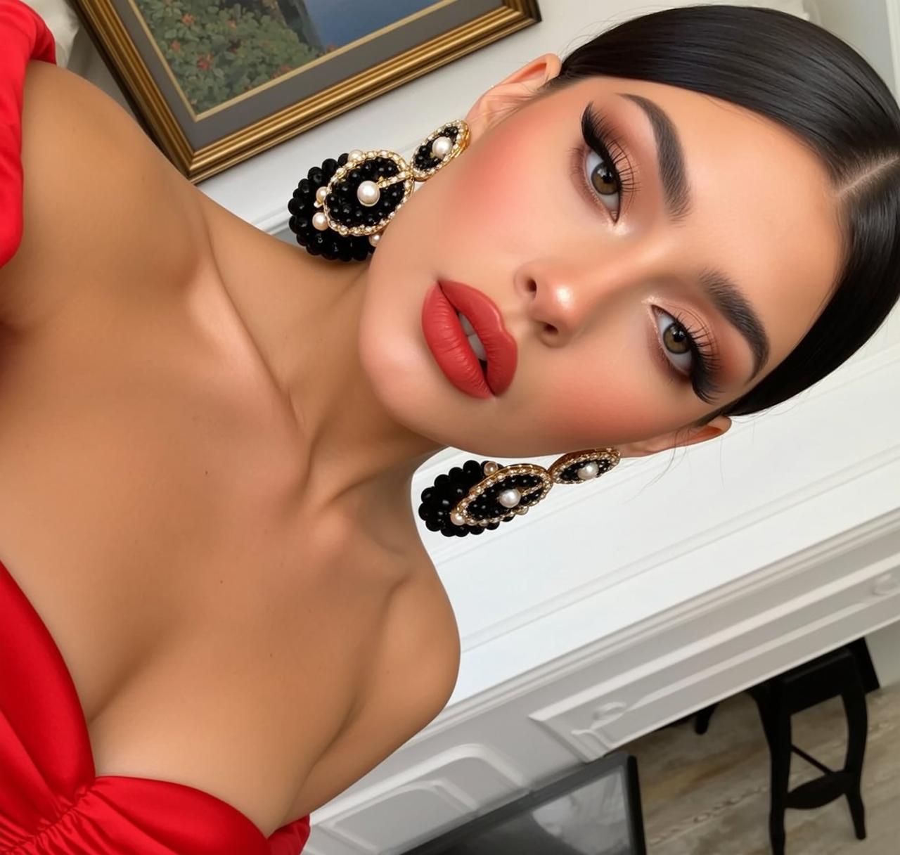 Red Off Shoulder Dress Ornate Room Pearl Earrings