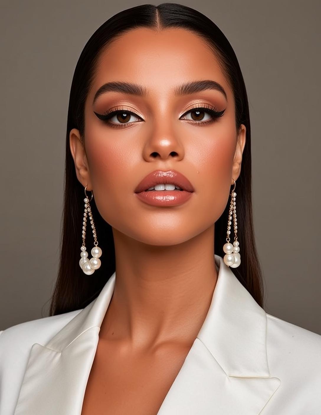 Glamorous Studio Headshot Pearl Earrings White Blazer