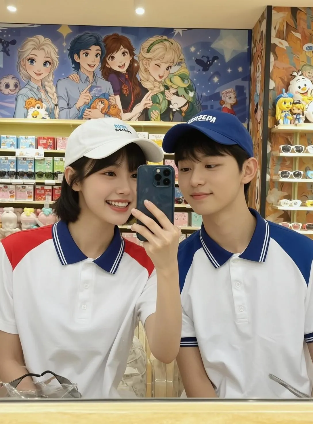 Matching Polo Shirts In Bright Store Selfie