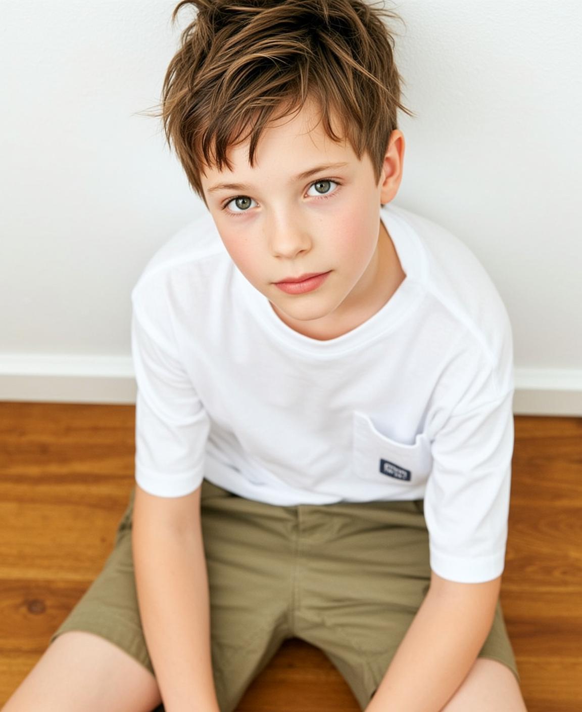 Boy White T Shirt Olive Shorts Wooden Floor