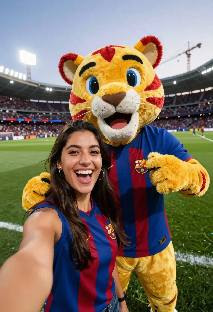 Joyful Woman Takes Selfie With Large Yellow Tiger Mascot Football reference photo