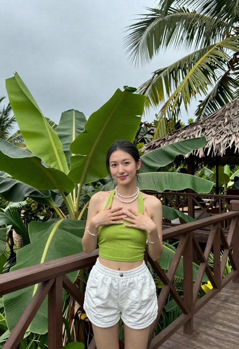 Woman Stands Wooden Deck Surrounded Lush Tropical Foliage Under Overcast