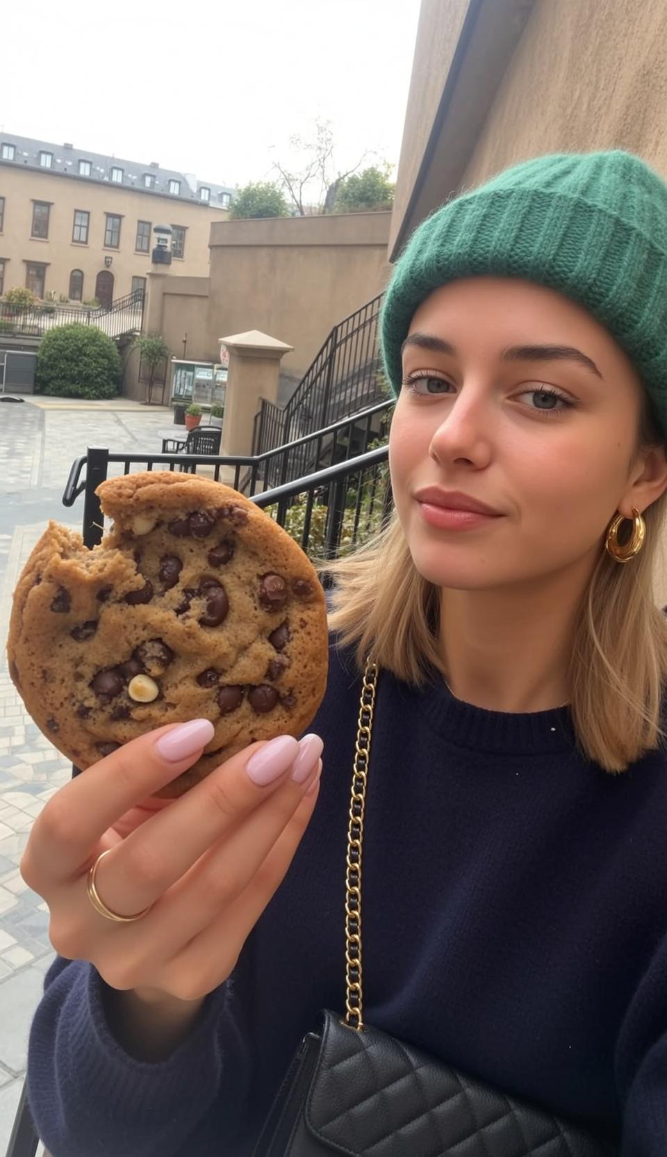 Explore Holding Large Bitten Chocolate Chip Cookie