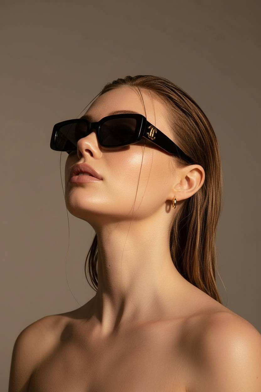 A high-fashion minimalist portrait with sleek sunglasses, low angle shot emphasizing the subject's jawline and dewy skin.