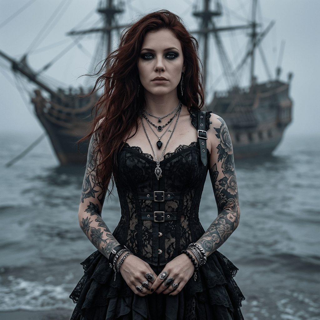 Gothic Pirate Woman Misty Shoreline Galleon Ship Cinematic