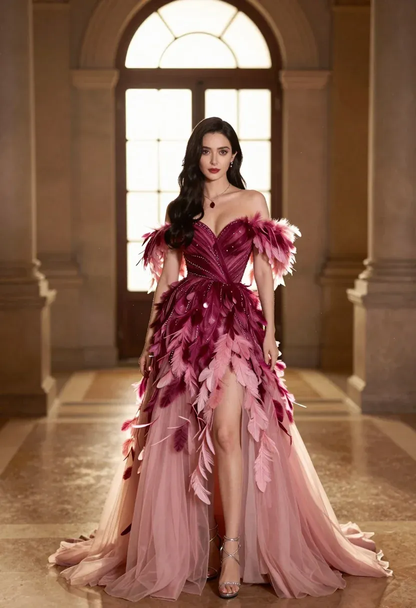 Woman Stands Confidently Grand Hall Wearing Elaborate Magenta Gown With