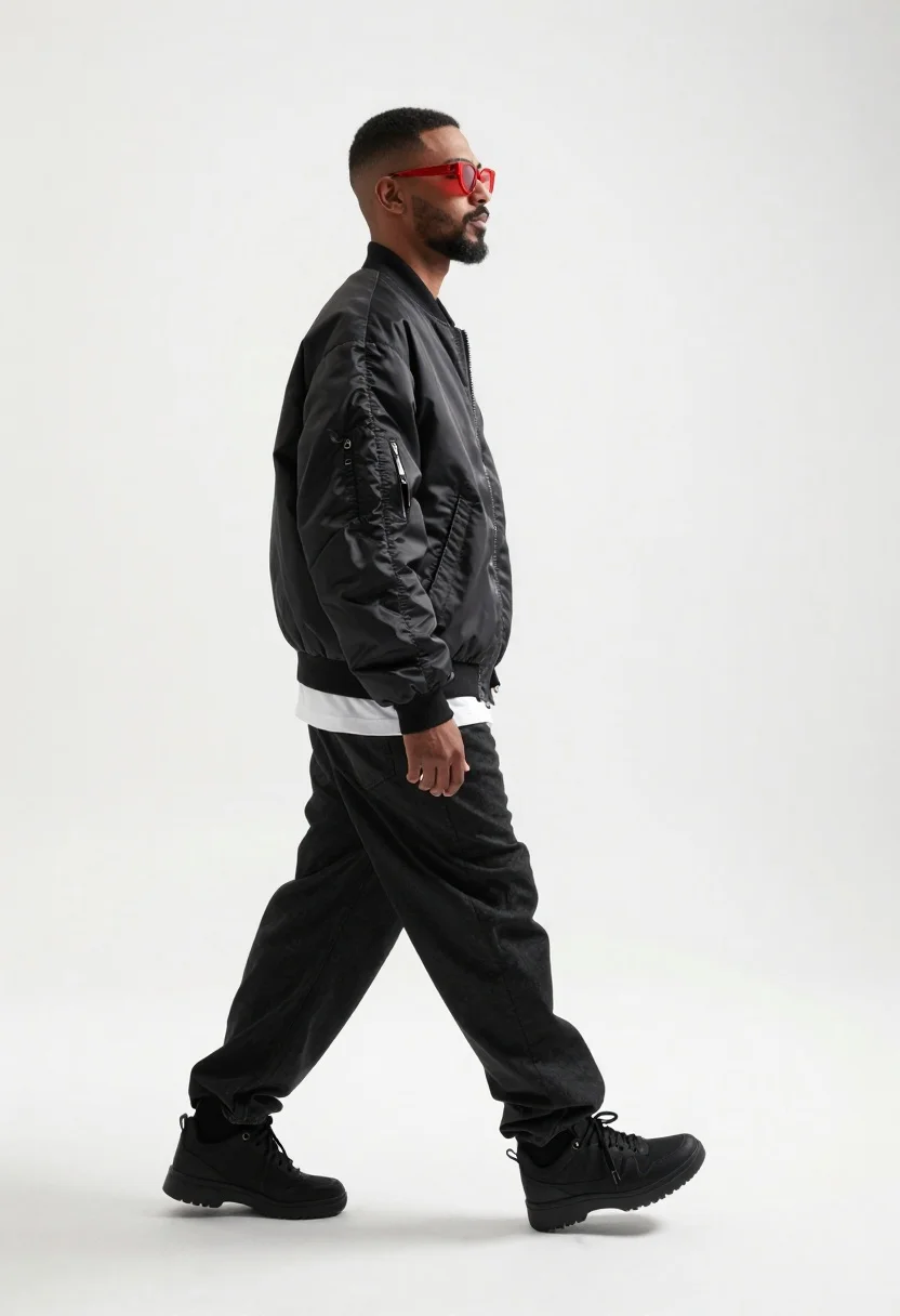Full-body shot of a man walking in profile against a plain white background, showcasing a monochromatic color palette.