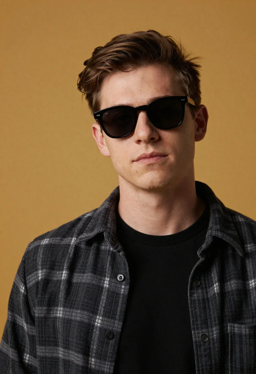 Studio Portrait Young Man With Short Brown Hair And Black reference photo