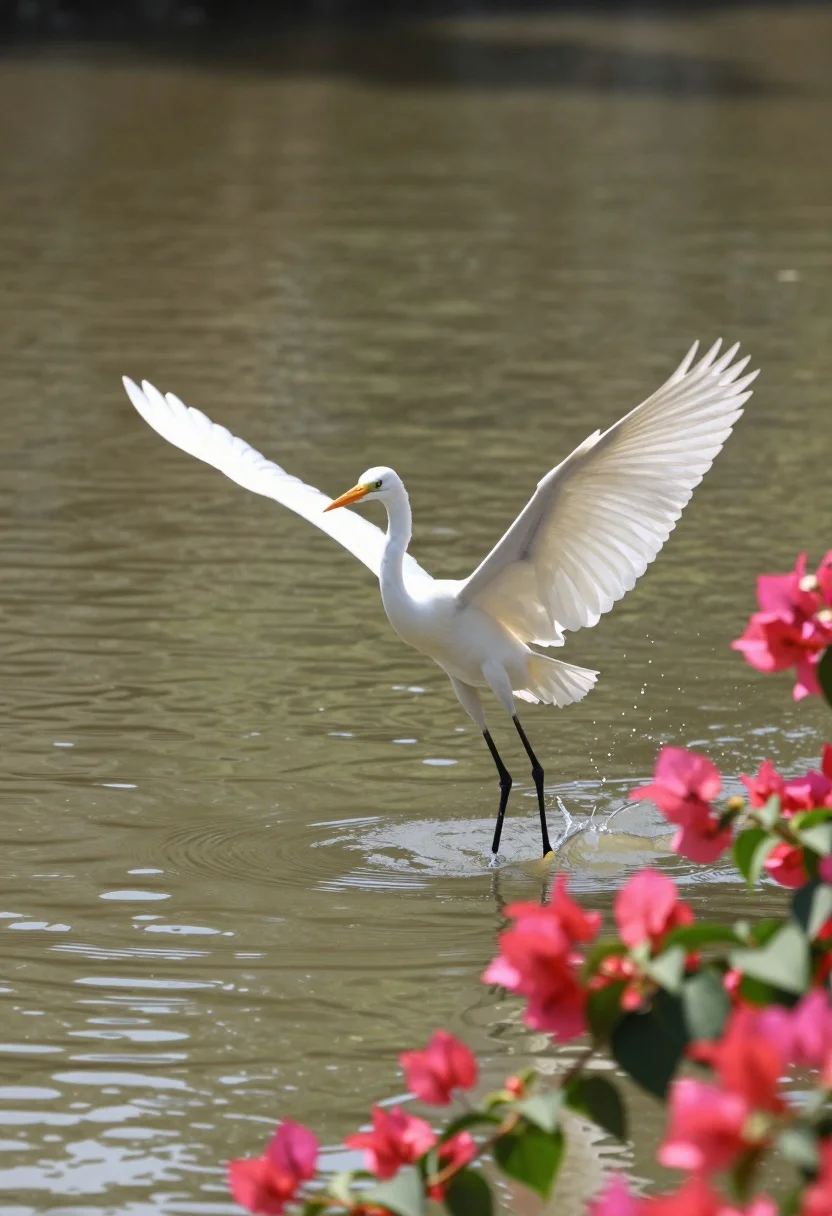 Majestic White Egret With Wings Spread Wide Captured Mid-flight Just