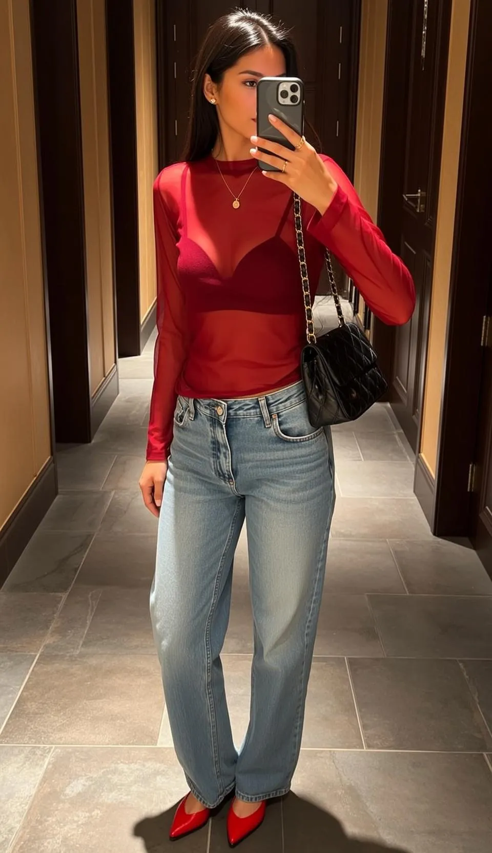 Red Sheer Top Hallway Selfie