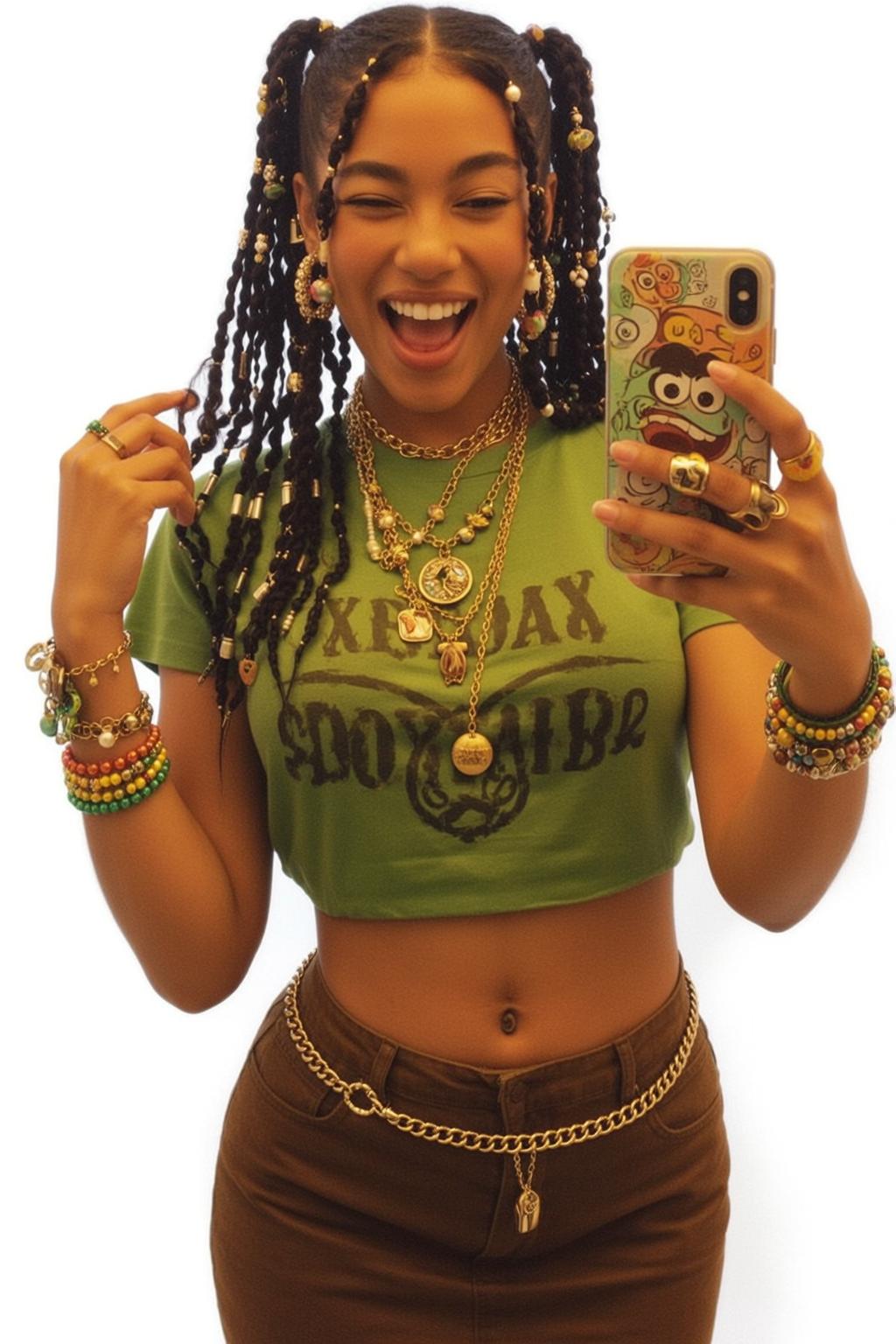 Brown Skin Woman Long Braids Gold Chains Wink Smile