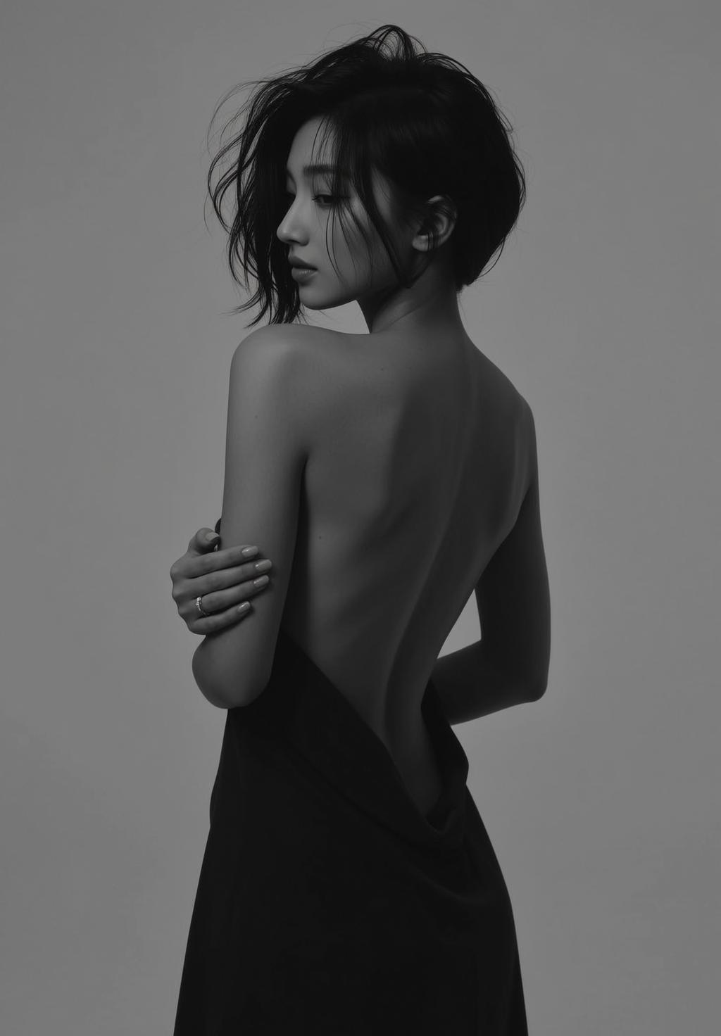Photorealistic Medium Shot Black And White Portrait Young Asian Woman
