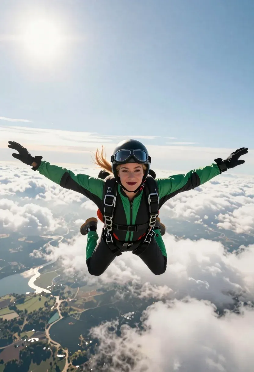 Woman Skydiving Freefall With Arms Spread Wide Against Backdrop Fluffy