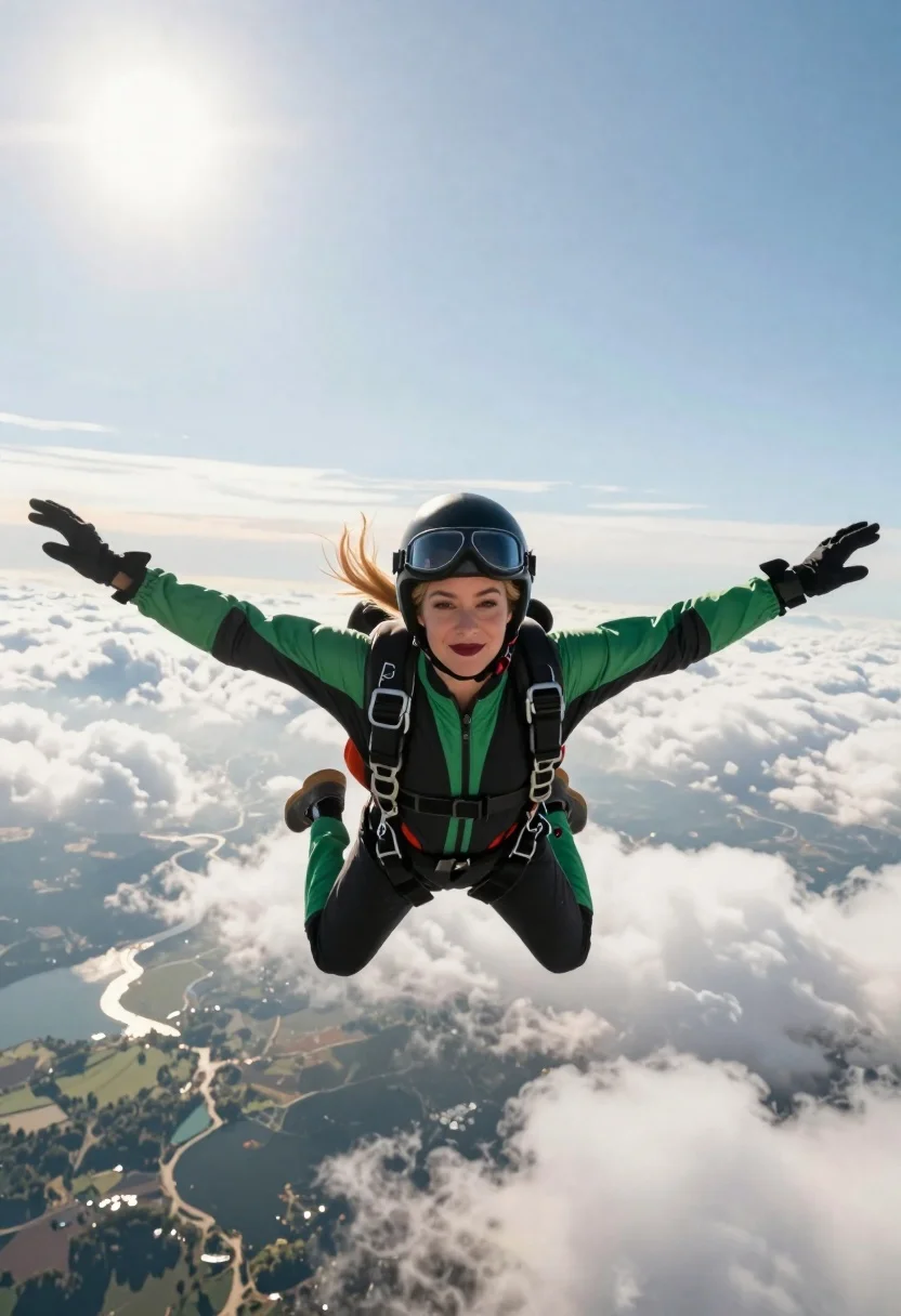 A woman skydiving with arms spread wide, framed by fluffy white clouds and a sunlit horizon, captured in vibrant colors.