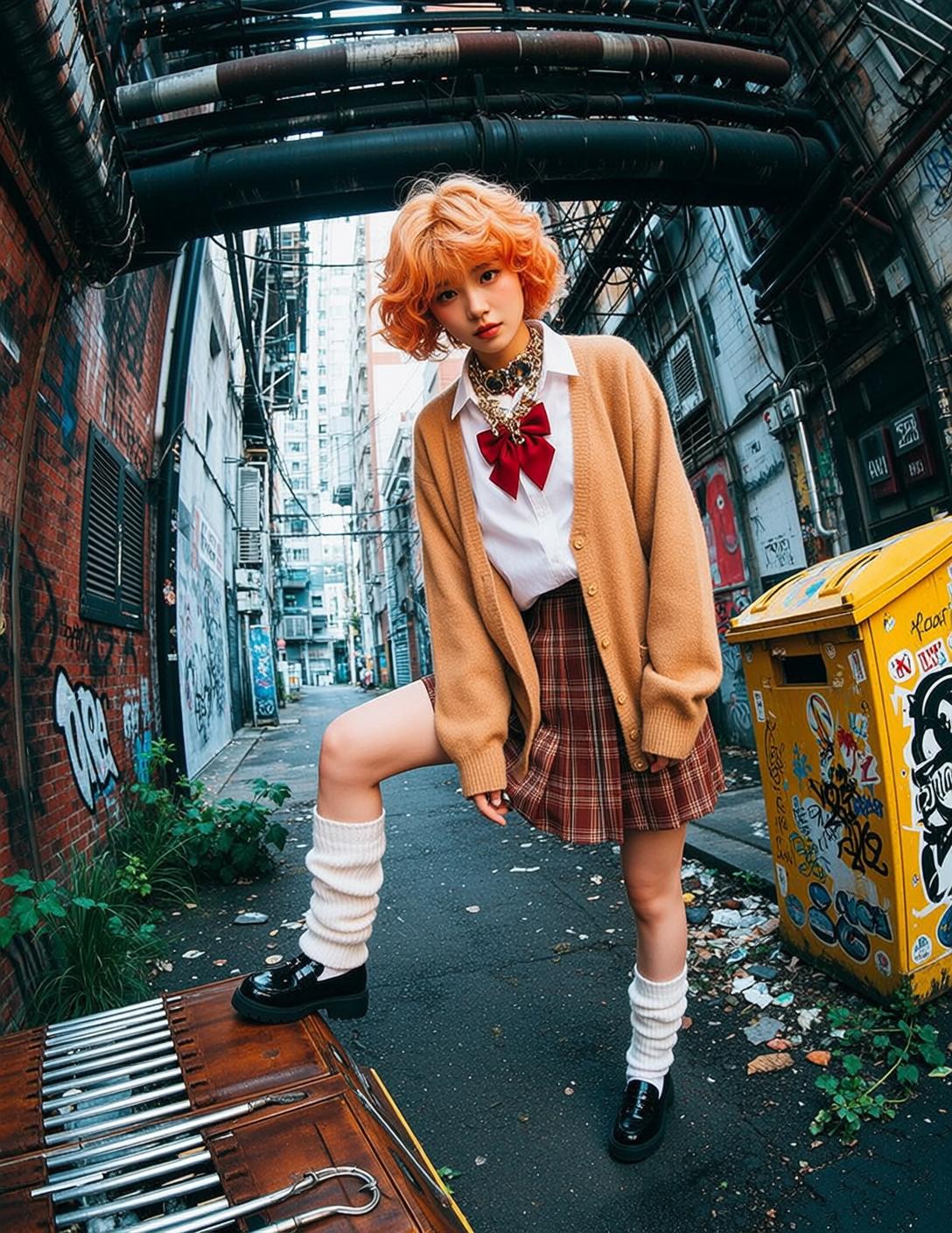 Plaid Skirt Graffiti Alley Look