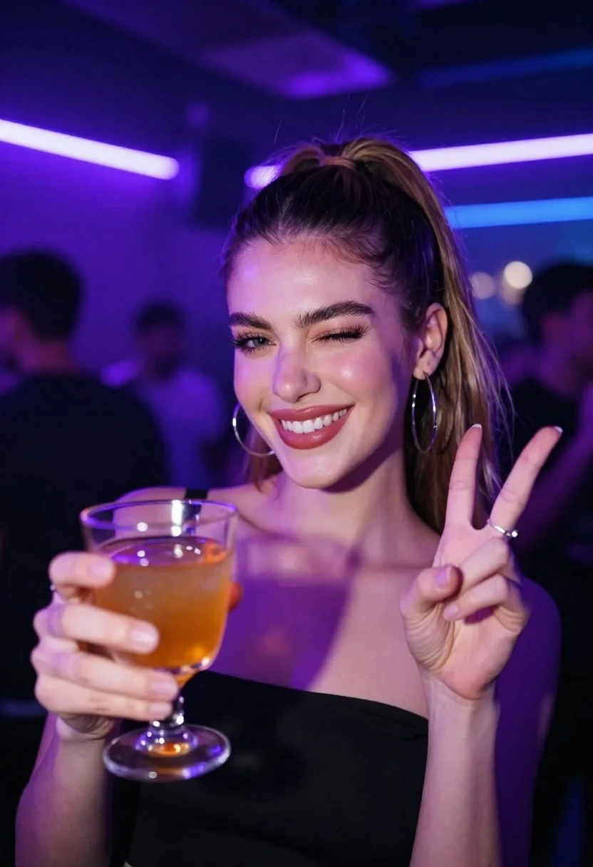 Vibrant Nightclub Portrait Smiling Woman Holding Cocktail Glass And Making reference photo
