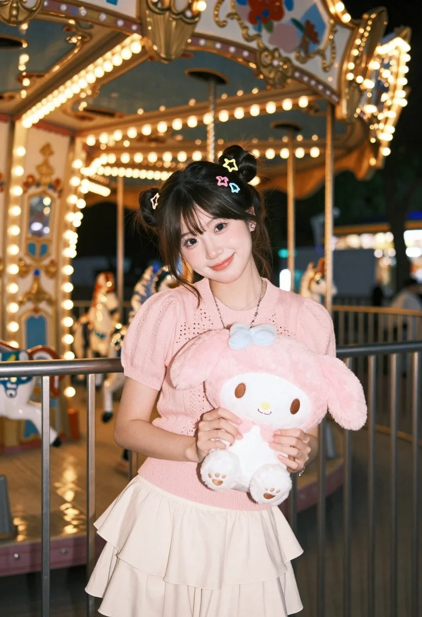 Cheerful Young Woman With Dark Hair Styled Two Buns Adorned