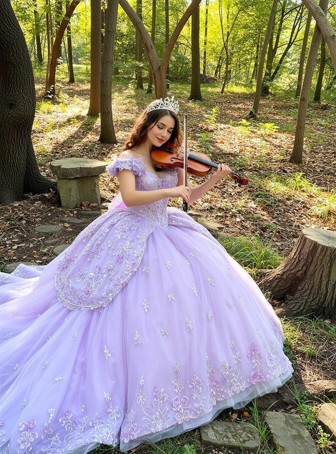 Coquettecore Young Seated Outdoors Forest Playing Violin