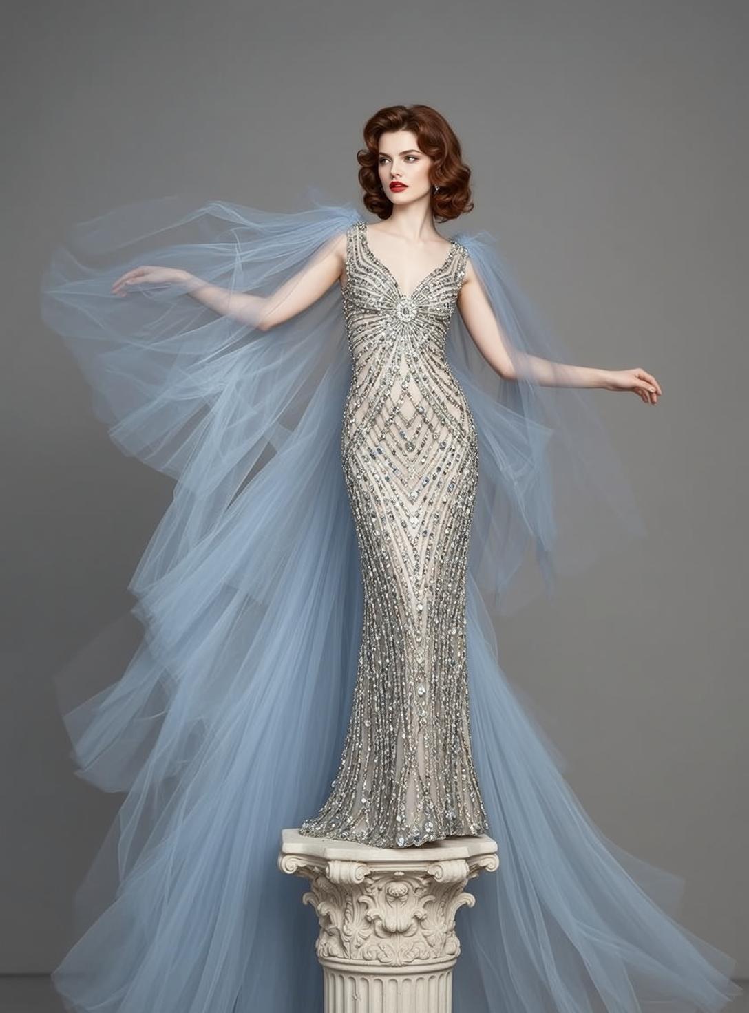 Auburn Hair Woman In Beaded Gown Studio