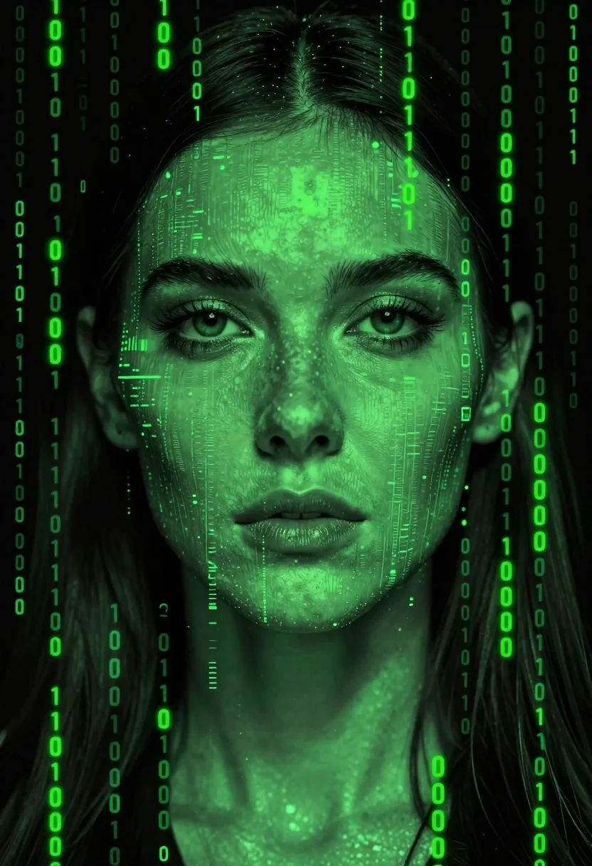 Close-up portrait of a woman with features made of cascading green digital code and binary digits.