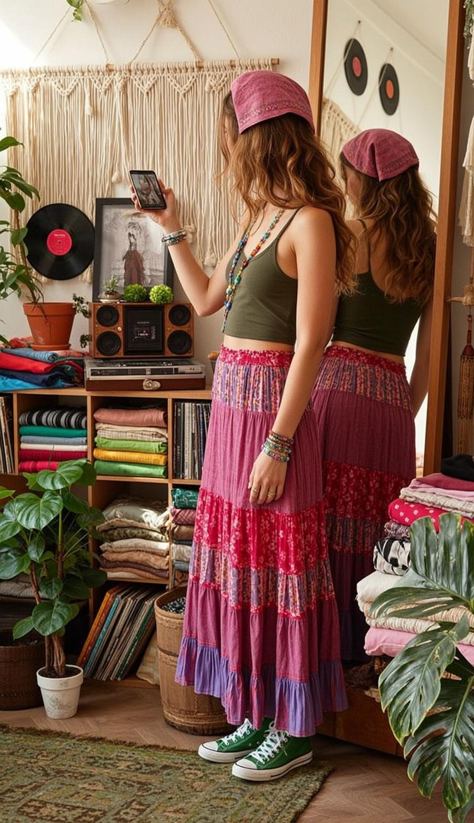 Bohemian Room Floral Maxi Skirt Green Converse