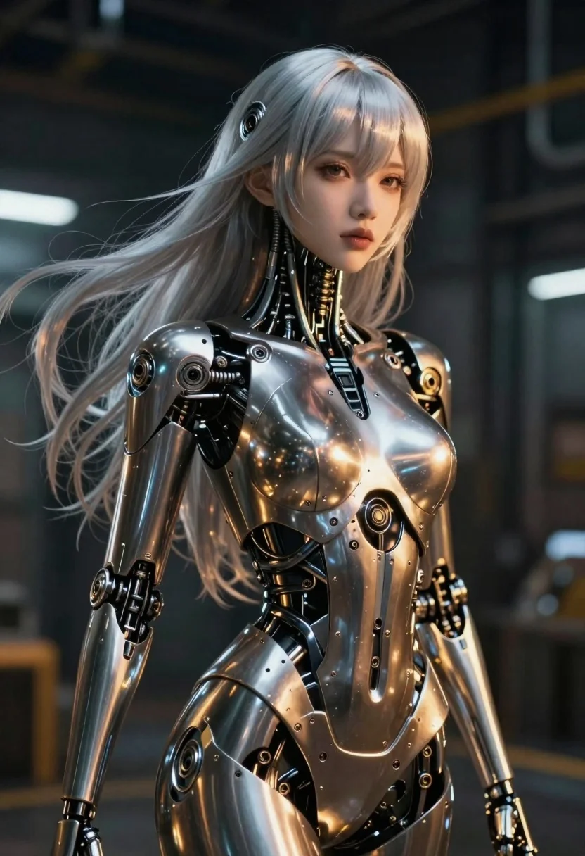 Subject Metallic Female Android With Flowing Silver Hair And Sleek reference photo