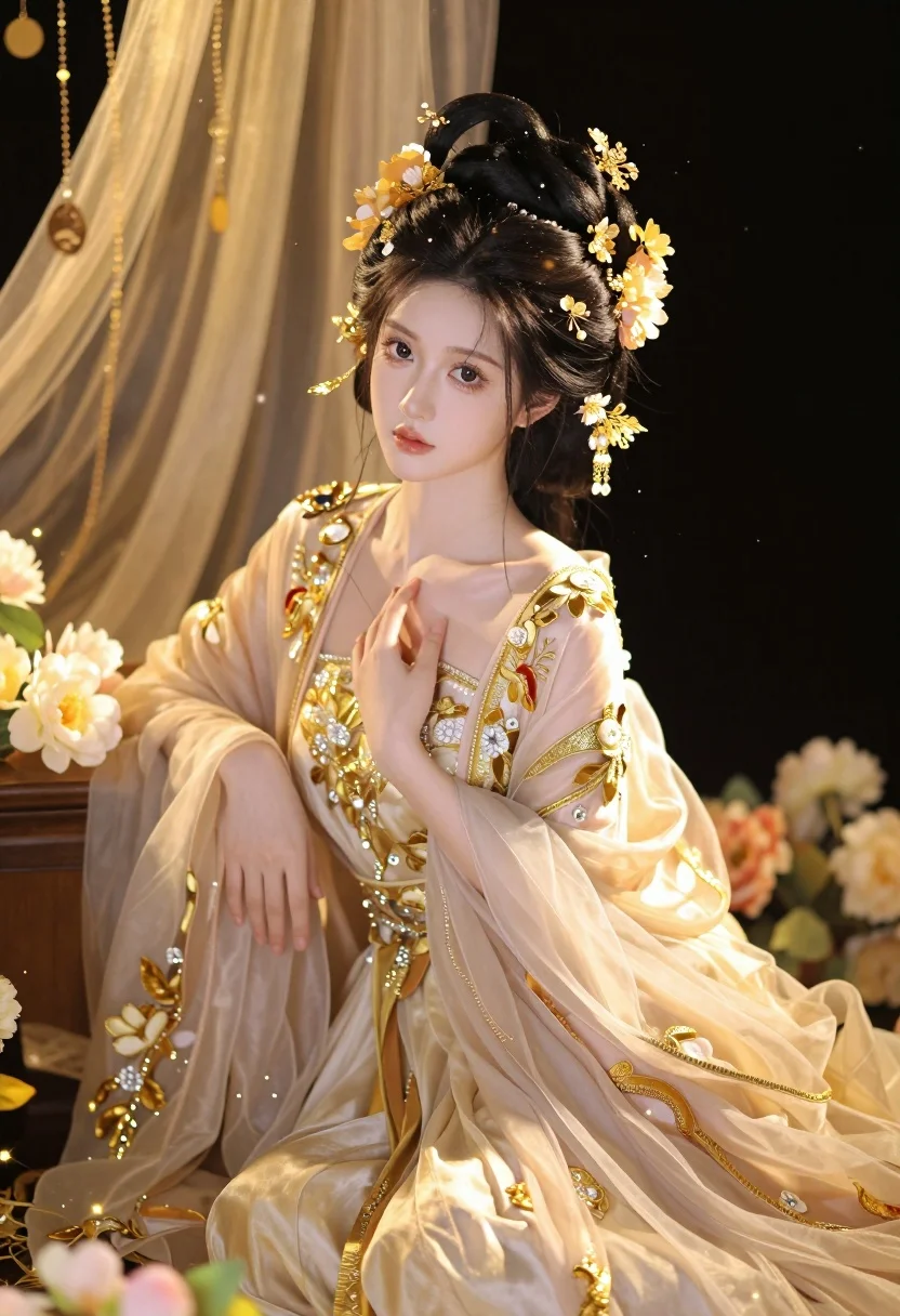 A beautiful woman with fair skin and dark hair styled in an elaborate updo, seated gracefully in a warm golden setting filled with sparkling particles.