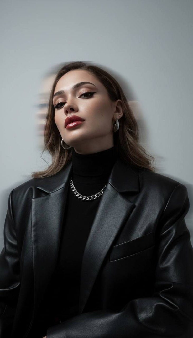 Close-up head and shoulders portrait of a confident model with dramatic eyeliner and plump red lips, wearing a turtleneck and leather blazer, looking slightly up and to the side.