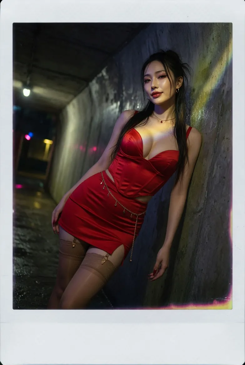 Red Satin Corset Alleyway Dramatic Lighting