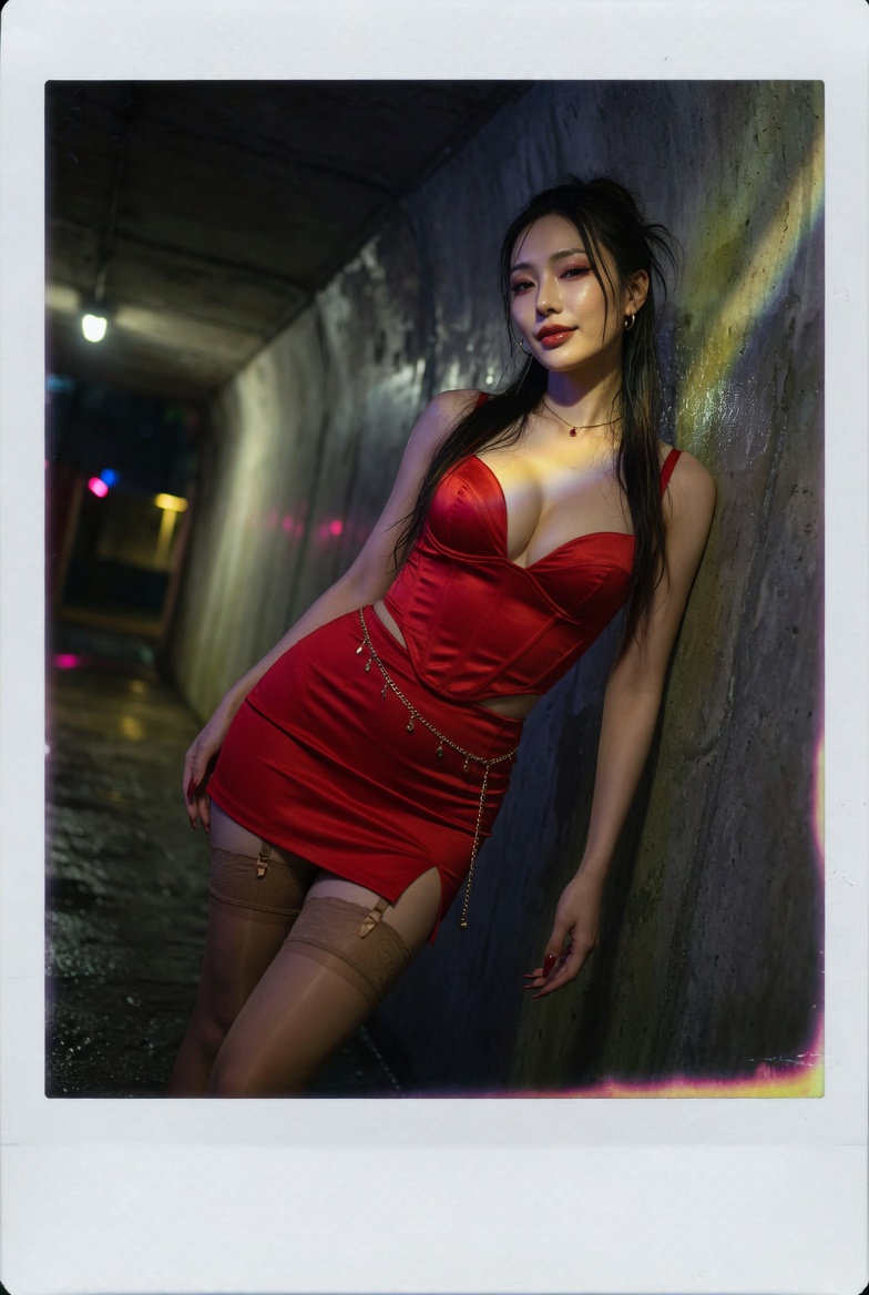 Red Satin Corset Alleyway Dramatic Lighting