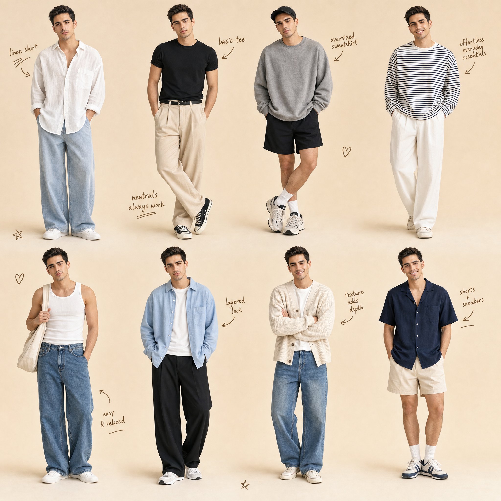 Eight Studio Portraits Man Different Outfits Beige Background