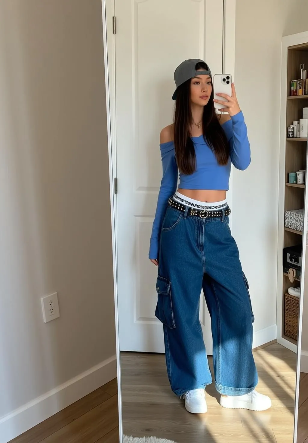 Denim Cargo Pants Mirror Selfie Indoors