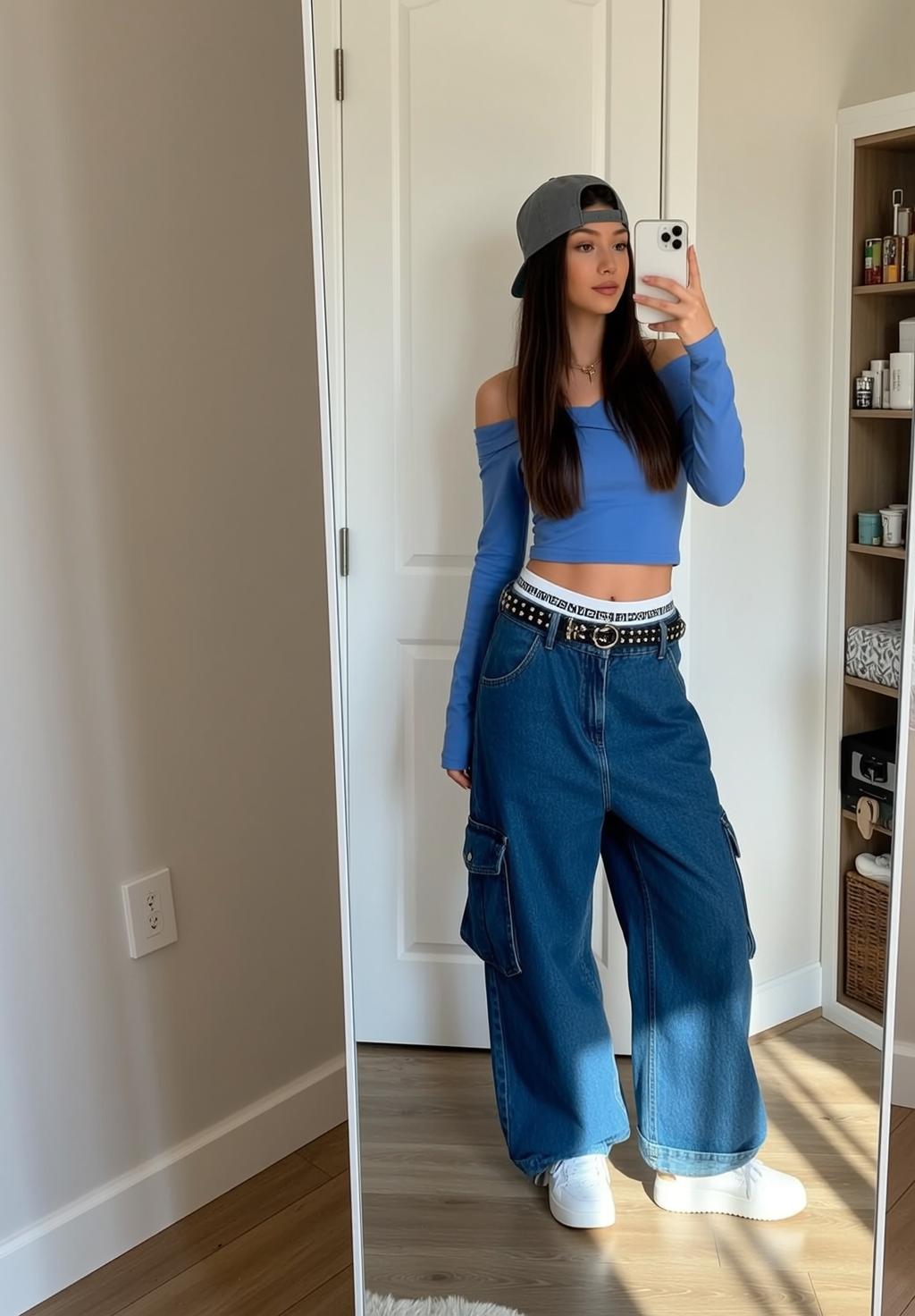 Denim Cargo Pants Mirror Selfie Indoors