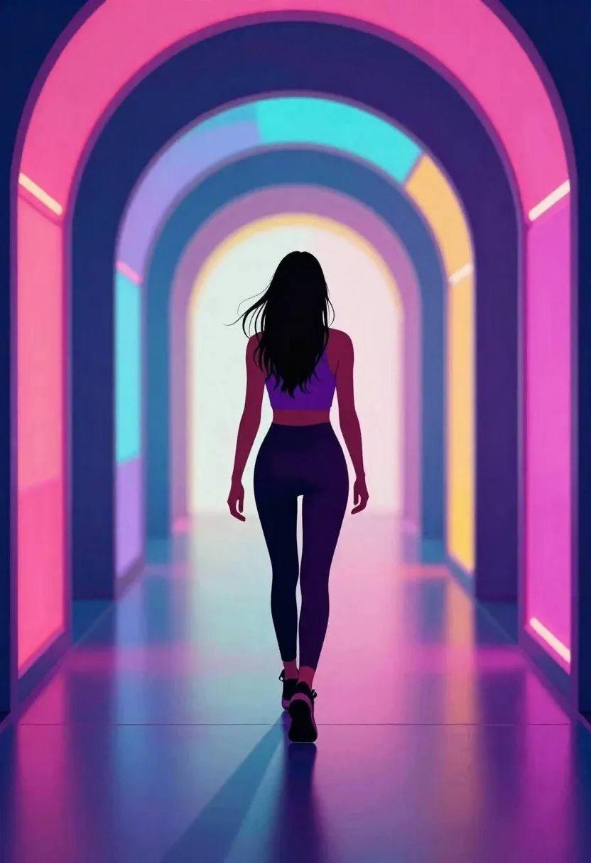 Digital Illustration Woman Walking Away Down Vibrant Neon Tunnel Subject