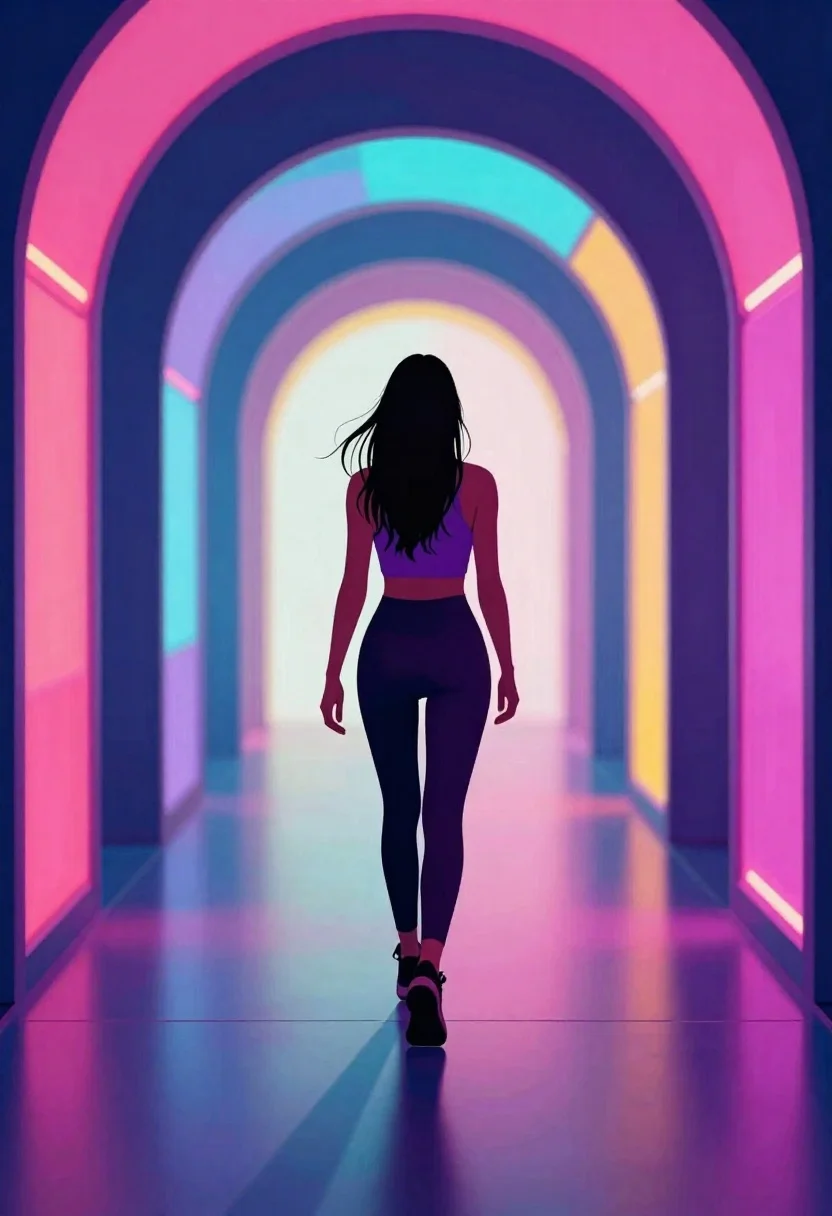 Digital Illustration Woman Walking Away Down Vibrant Neon Tunnel Subject reference photo